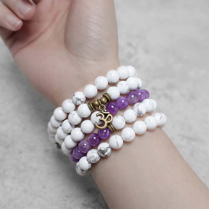 108 Mala Beads Amethyst White Turquoise OM Healing Meditation Energy Bracelet - image 6