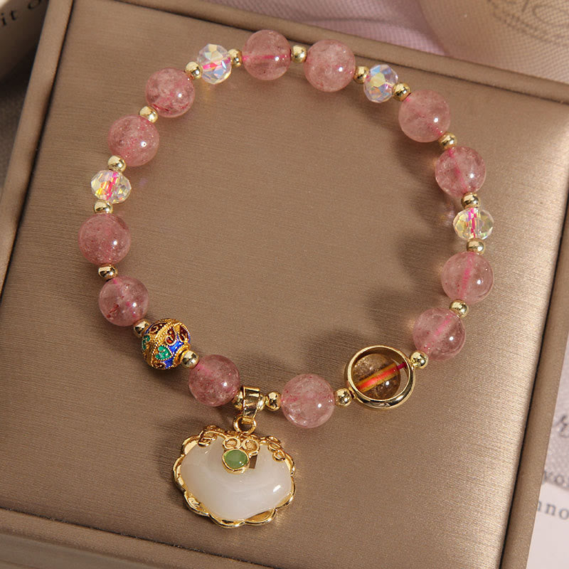 Buddha Stones Strawberry Quartz Green Crystal Amethyst Healing Chinese Lock Charm Bracelet