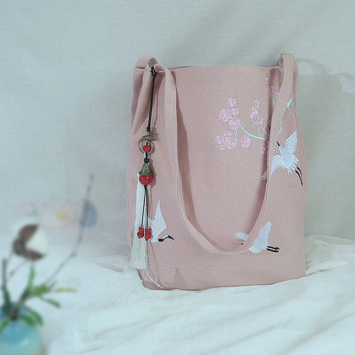 Flower Crane Plum Blossom Embroidery Canvas Large Capacity Shoulder Bag Tote Bag