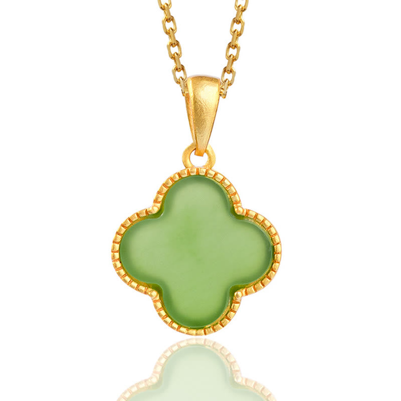 Buddha Stones 925 Sterling Silver Natural Hetian Jade Luck Four Leaf Clover Necklace Pendant - image 1