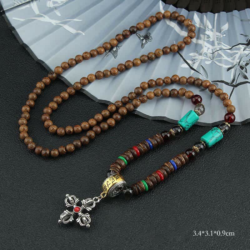 Buddha Stones Tibetan Om Mani Padme Hum Prayer Wheel Rotation Vajra Wood Necklace Pendant - Red Cross Vajra - image 28