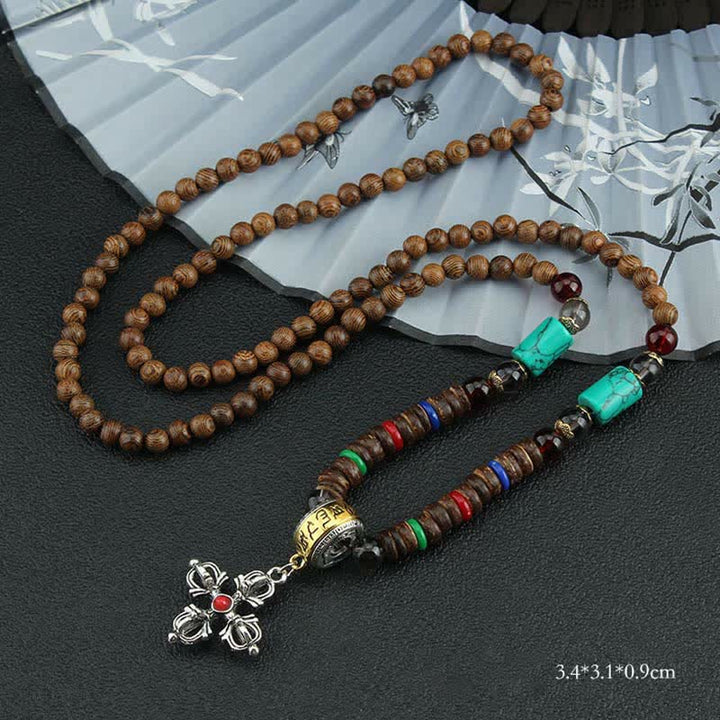 Buddha Stones Tibetan Om Mani Padme Hum Prayer Wheel Rotation Vajra Wood Necklace Pendant - Red Cross Vajra - image 28