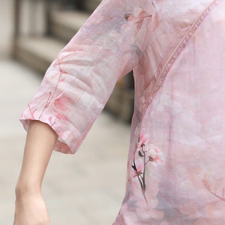 Buddha Stones V-Neck Pink Flower Pattern Ramie Linen Blouse Three Quarter Sleeve Shirt Top