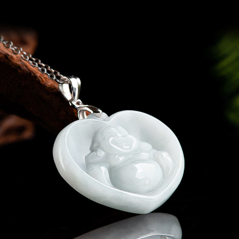 Buddha Stones 925 Sterling Silver Laughing Buddha White Jade Luck Blessing Necklace Pendant - image 3