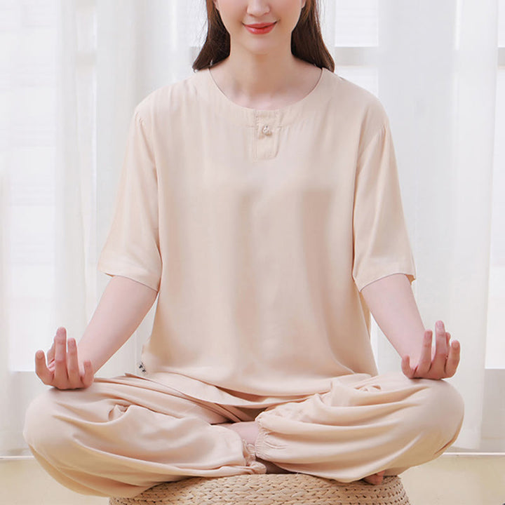 Buddha Stones 2Pcs Half Sleeve T-Shirt Pants Meditation Zen Tai Chi Cotton Linen Clothing Unisex Set