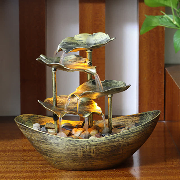 Buddha Stones Lotus Leaf Shaped Waterfall Fountain Tabletop Ornaments With LED Light Home Office Desktop Decoration - Gold(Plastic Version) - image 5