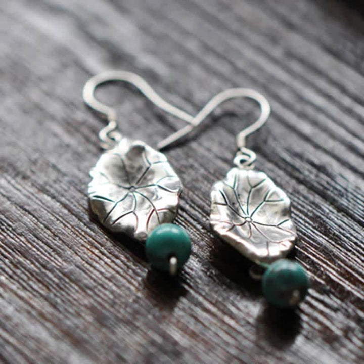 925 Sterling Silver Turquoise Lotus Leaf Protection Drop Dangle Earrings - image 8