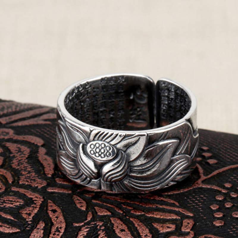 999 Sterling Silver Lotus Symbol Heart Sutra Protection Ring - image 3