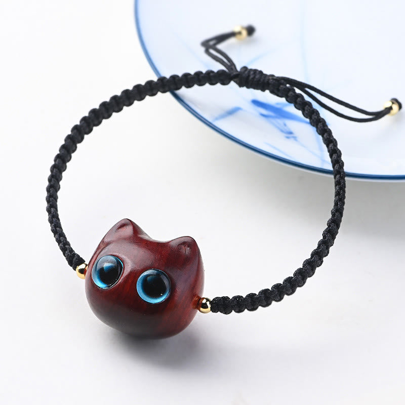 Buddha Stones Small Leaf Red Sandalwood Ebony Wood Cute Cat Head Calm Protection Braided Bracelet - Small Leaf Red Sandalwood(Keep away evil spirits♥Protection)(Wrist Circumference 14-16cm) - image 1