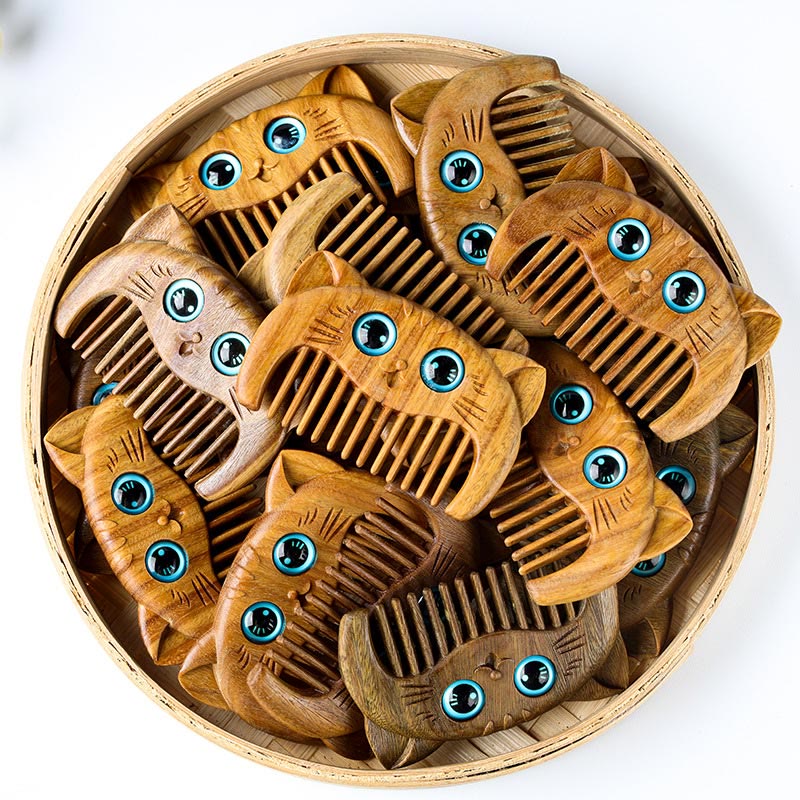 Simple Cat Pattern Green Sandalwood Cure Portable Comb - Green Sandalwood Comb 6.8*4.2*1cm - image 0