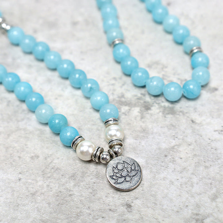 Buddha Stones Natural Amazonite Stone Healing Lotus Mala Bracelet - image 3