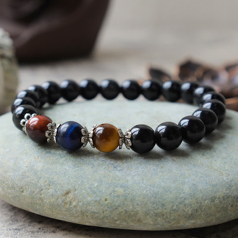 Buddha Stones Natural Black Obsidian Tricolor Tiger Eye Strength Bracelet - image 2