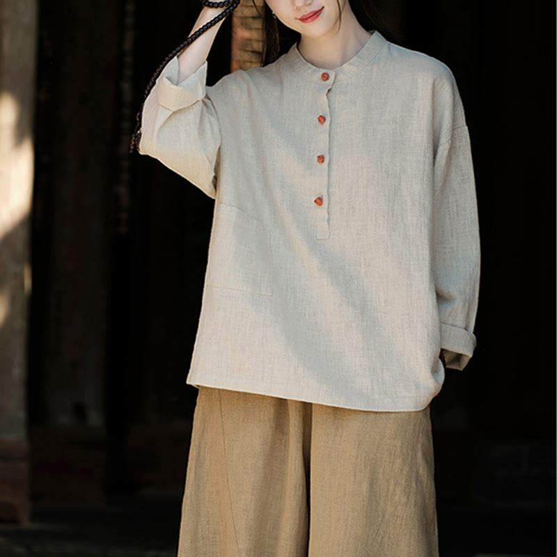 Buddha Stones Solid Color Loose Button Blouse Long Sleeve Shirt Top