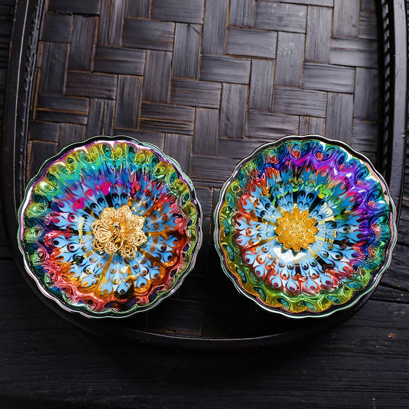 Buddha Stones Vivid Peacock Lotus Inlaid Design Colorful Chinese Jianzhan Ceramic Teacup Kung Fu Tea Cup