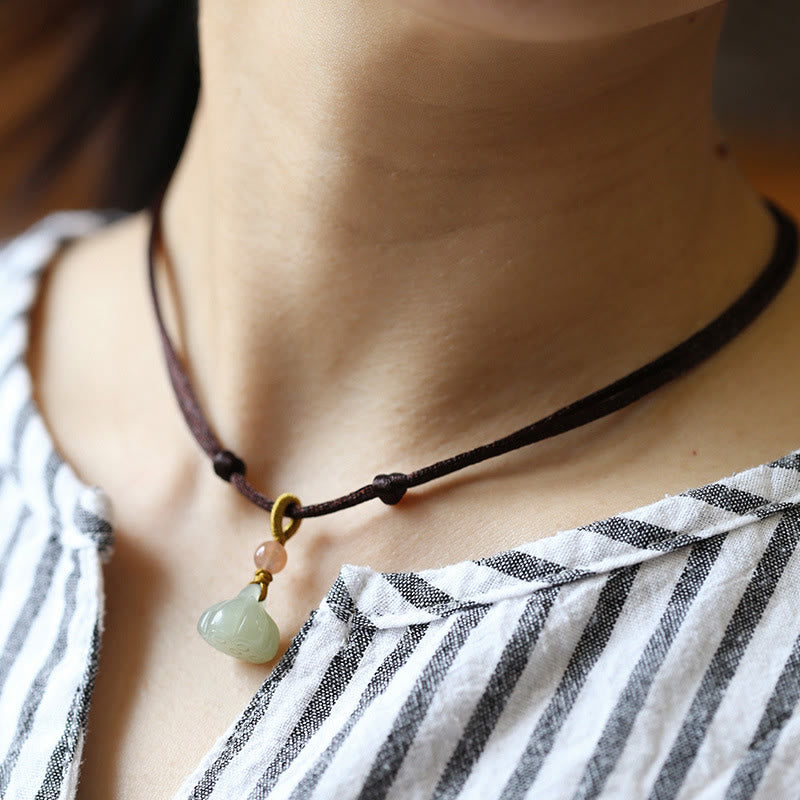 Natural Round Jade Peace Buckle Lotus Abundance String Necklace Pendant - Brown - Lotus - image 13