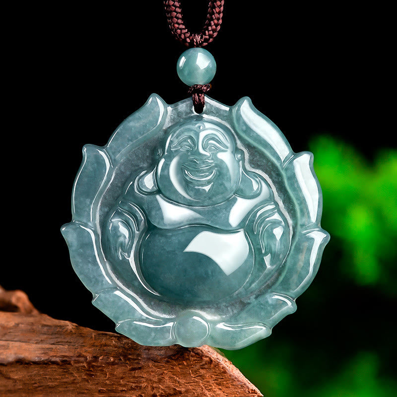 Buddha Stones Natural Jade Laughing Buddha Lotus Pattern Luck Necklace Pendant - Laughing Buddha(Happiness♥Wealth) - image 1