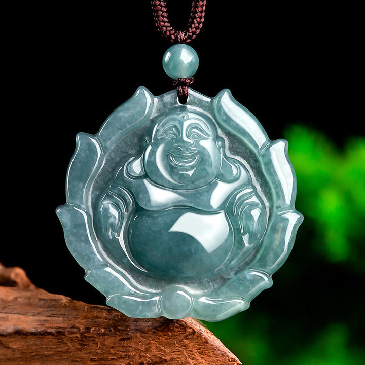 Buddha Stones Natural Jade Laughing Buddha Lotus Pattern Luck Necklace Pendant - Laughing Buddha(Happiness♥Wealth) - image 1