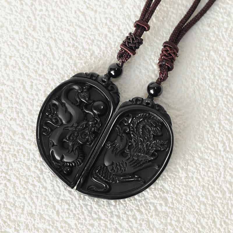 Buddha Stones Black Obsidian Love Dragon Phoenix Protection Necklace Pendant - image 6