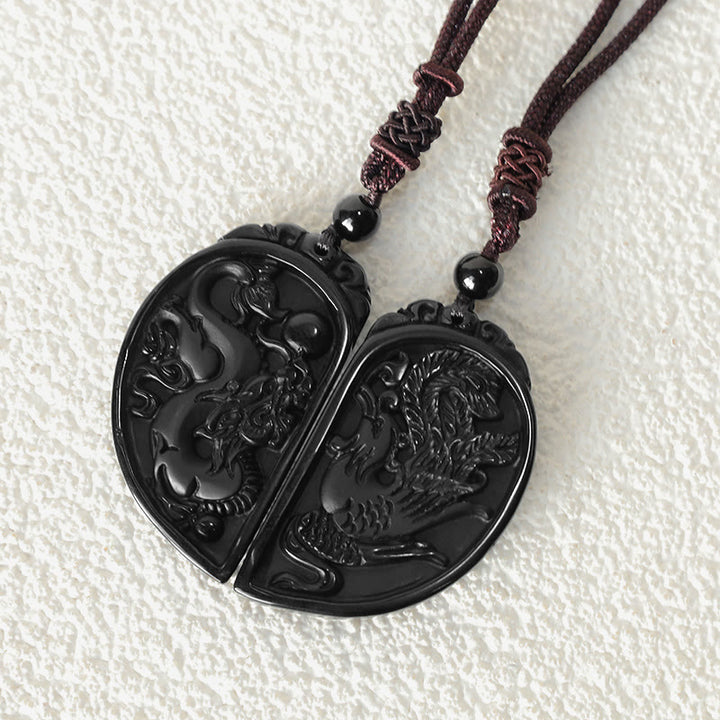 Buddha Stones Black Obsidian Love Dragon Phoenix Protection Necklace Pendant - image 6