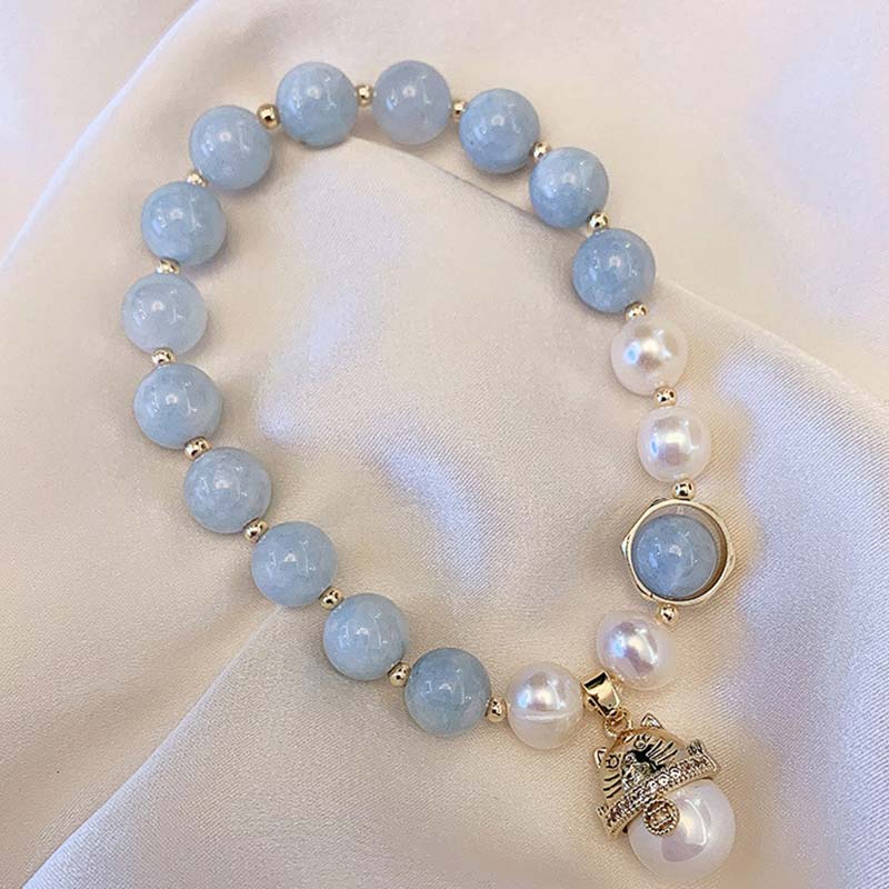 Buddha Stones Aquamarine Pearl Peace Healing Lucky Cat Charm Bracelet - image 2