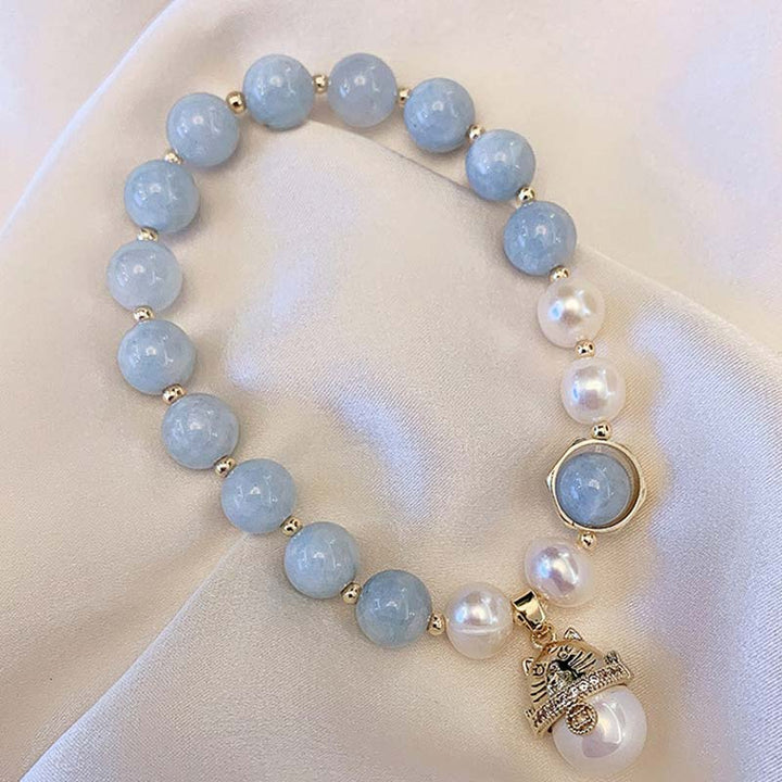 Buddha Stones Aquamarine Pearl Peace Healing Lucky Cat Charm Bracelet - image 2