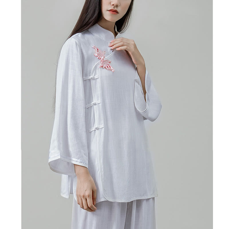 Buddha Stones 2Pcs Tang Suit Frog-Button Shirt Top Pants Meditation Tai Chi Cotton Linen Women's Set