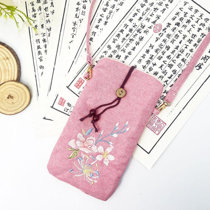 Buddha Stones Small Embroidered Flowers Crossbody Bag Shoulder Bag Cellphone Bag 11*20cm