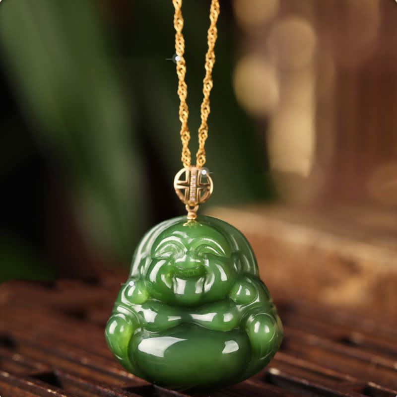 925 Sterling Silver Laughing Buddha Hetian Cyan Jade 18K Gold Success Necklace Chain Pendant - Hetian Cyan Jade (Success ♥ Healing) - image 0