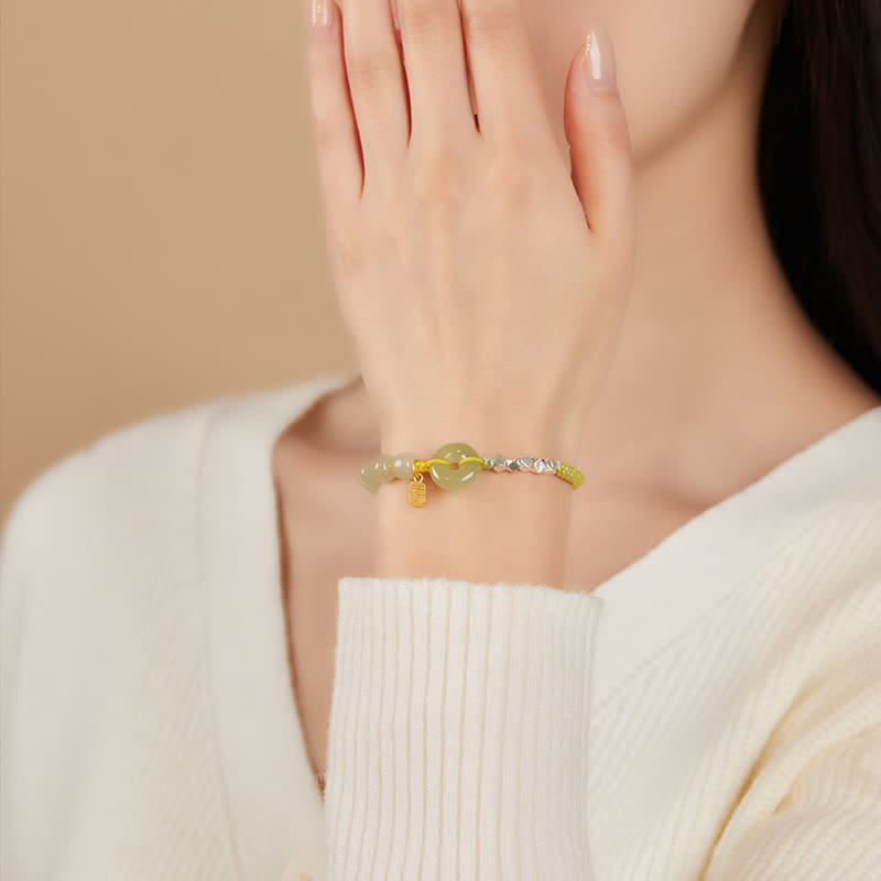 925 Sterling Silver Hetian Jade Peace Buckle Beaded Luck Happiness Charm Bracelet - image 3