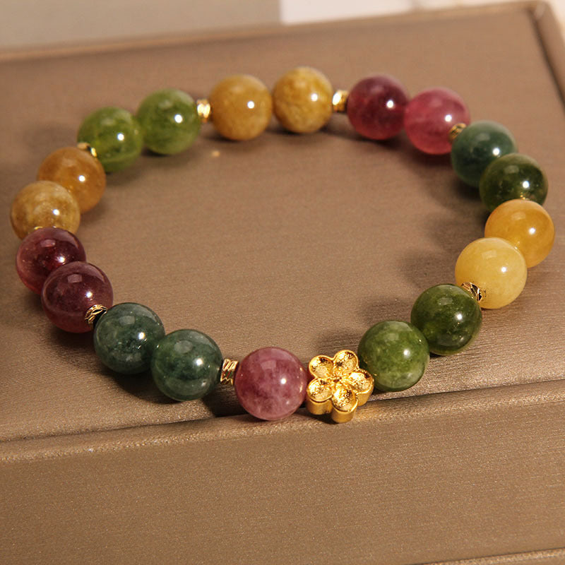 Buddha Stones Natural Colorful Tourmaline Golden Flower Positive Bracelet