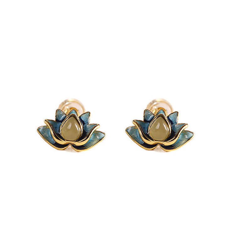 925 Sterling Silver Hetian Cyan Jade Lotus Flower Success Earrings - image 5