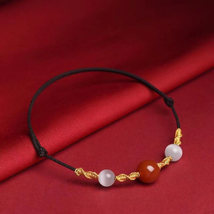 Buddha Stones Natural Red Agate Cat Eye Calm Braided String Bracelet Necklace Pendant - Red Agate&Cat Eye Black Rope Bracelet(Wrist Circumference 13-19cm) - image 2