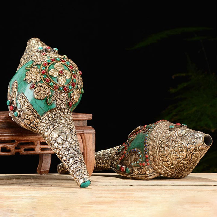 Tibetan Handmade Engraved Shankha Double Dorje Buddha Conch Shell Wealth Positive Decoration - image 0