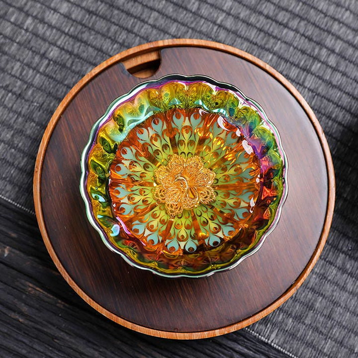 Buddha Stones Vivid Peacock Lotus Inlaid Design Colorful Chinese Jianzhan Ceramic Teacup Kung Fu Tea Cup