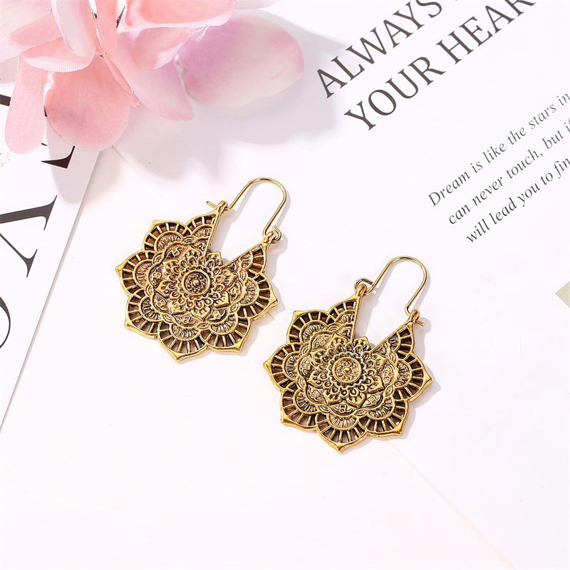 Buddha Stones Tibetan Lotus Engraving Copper Blessing Drop Earrings - image 4
