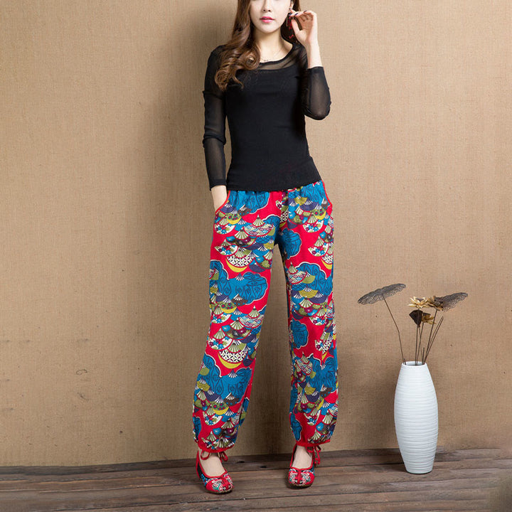 Buddha Stones Fan Cashew Flower Pattern Cotton Linen Harem Pants With Pockets