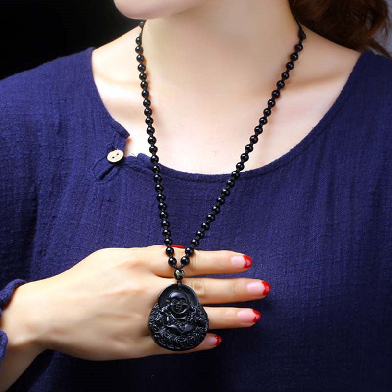 Buddha Stones Laughing Buddha Black Obsidian Strength Protection Pendant Necklace - image 3