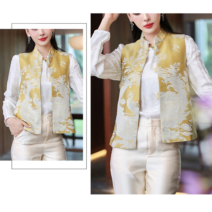 Buddha Stones Peacock Flower Pattern Tang Suit Design Vest Jacket