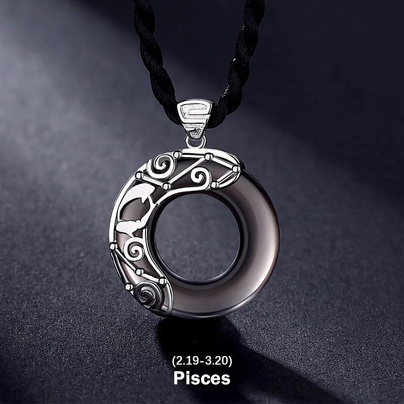 Buddha Stones 12 Constellations of the Zodiac Ice Obsidian Blessing Round Pendant Necklace - Pisces - Rope - image 23