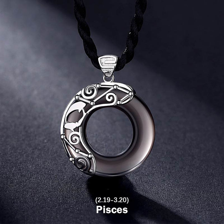 Buddha Stones 12 Constellations of the Zodiac Ice Obsidian Blessing Round Pendant Necklace - Pisces - Rope - image 23