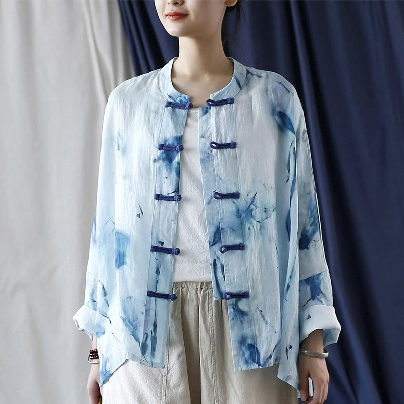 Buddha Stones Tie Dye Blue Flowers Frog-Button Design Long Sleeve Ramie Linen Jacket Shirt