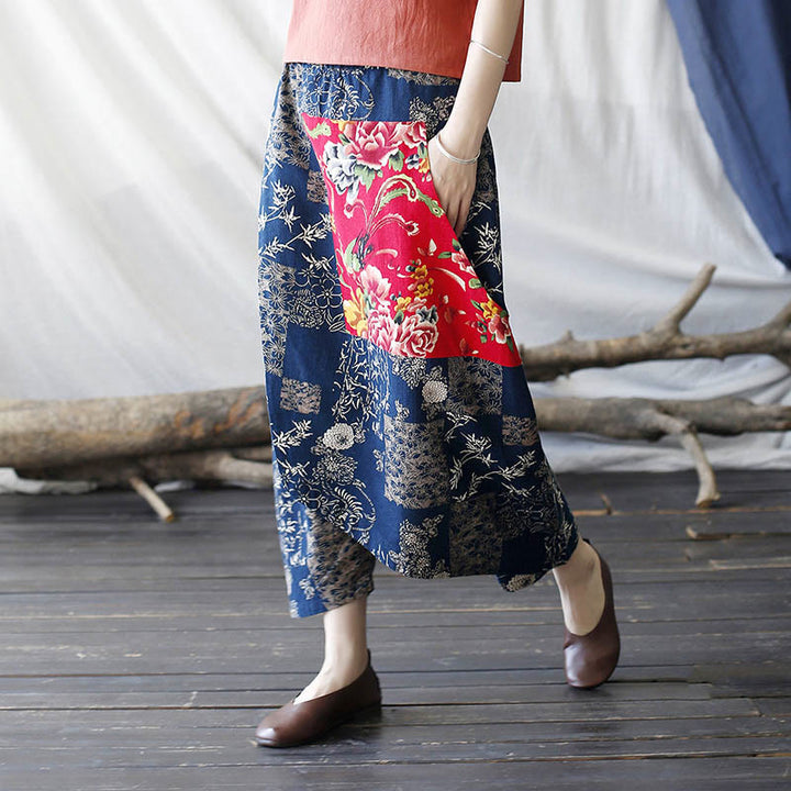 Buddha Stones Red Peony Blue Bamboo Chrysanthemum Patchwork Cotton Linen Harem Pants With Pockets