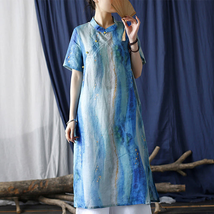 Buddha Stones Ramie Blue Digital Printing Cheongsam Dresses Short Sleeve Linen Dress