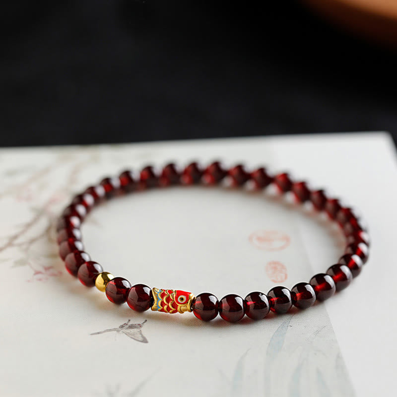 Buddha Stones 999 Gold Koi Fish Natural Garnet Protection Bracelet - 5mm-Garnet&Gold Koi Fish - 17cm - image 1