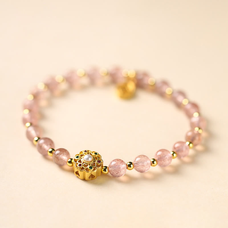 Buddha Stones 14K Gold Plated Natural Strawberry Quartz Labradorite Sun Stone Fu Character Positive Charm Bracelet - Strawberry Quartz(Wrist Circumference 15-16cm) - image 0