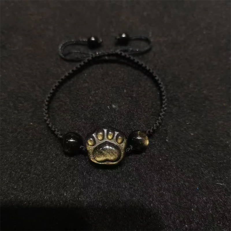 Buddha Stones Natural Silver Sheen Obsidian Gold Sheen Obsidian Cute Cat Paw Claw Protection Rope Bracelet - Gold Sheen Obsidian - Black Rope(Wrist Circumference 14-19cm) - image 11