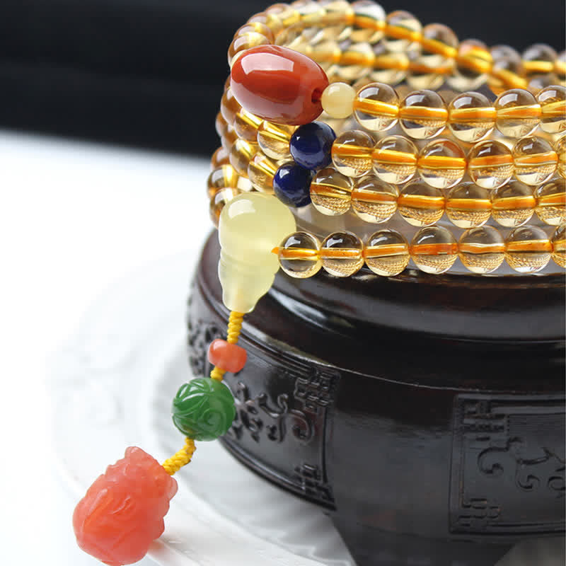 108 Mala Beads Natural Citrine Amber Peace Buckle Red Agate PiXiu Protection Charm Bracelet - image 20