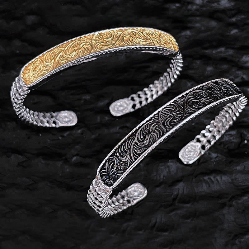 Tang Dynasty Flower Design Engraved Copper Luck Cuff Bracelet Bangle Adjustable Ring - image 1