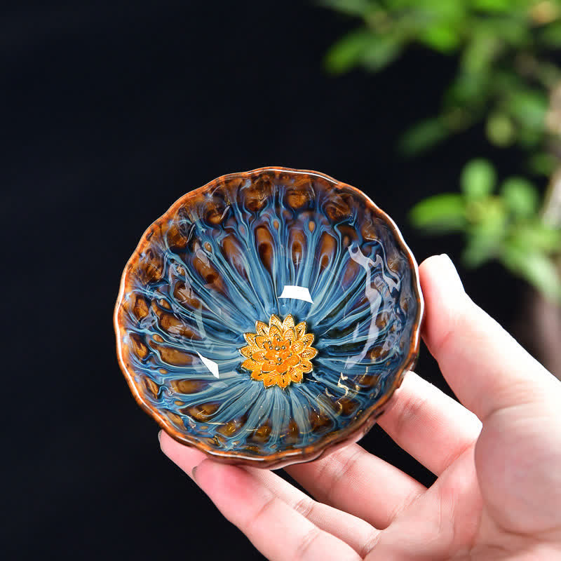 Buddha Stones Lotus Peacock Dragon Phoenix Koi Fish Ceramic Teacup Inlaid Tea Cups 120ml - Gold - Lotus - image 0
