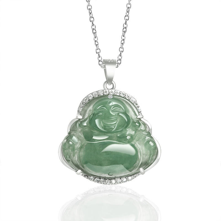 Buddha Stones Laughing Buddha Natural Jade Luck Prosperity Necklace Titanium Steel Chain Pendant - Laughing Buddha(Happiness♥Wealth) - image 0